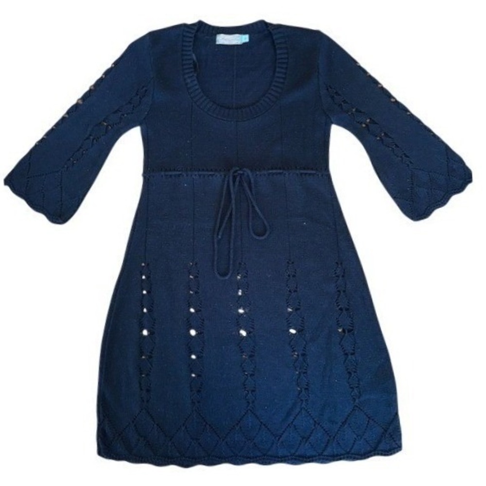 Black Knit Dress 3/4‎ Sleeve Lace Up Waist Cutout Details